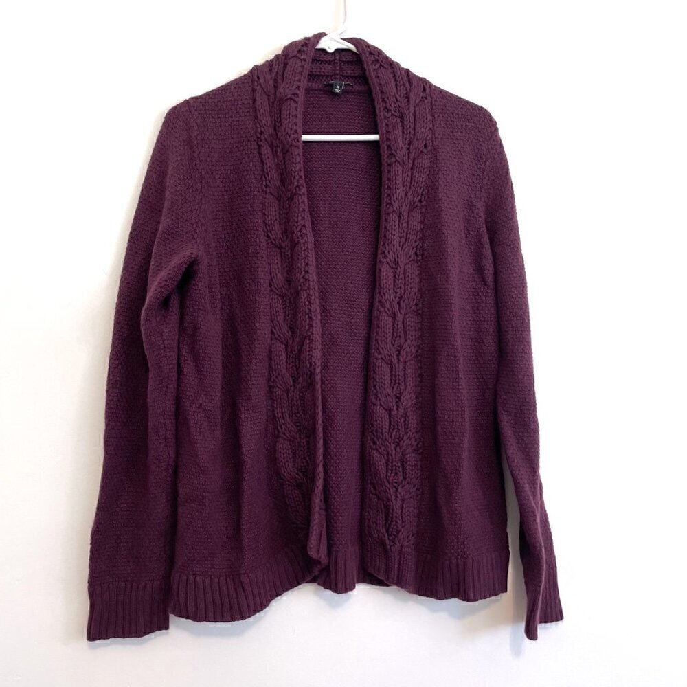 TALBOTS Plum Dark Purple Chunky Cable Knit Open Viscose Cotton Cardigan Sweater